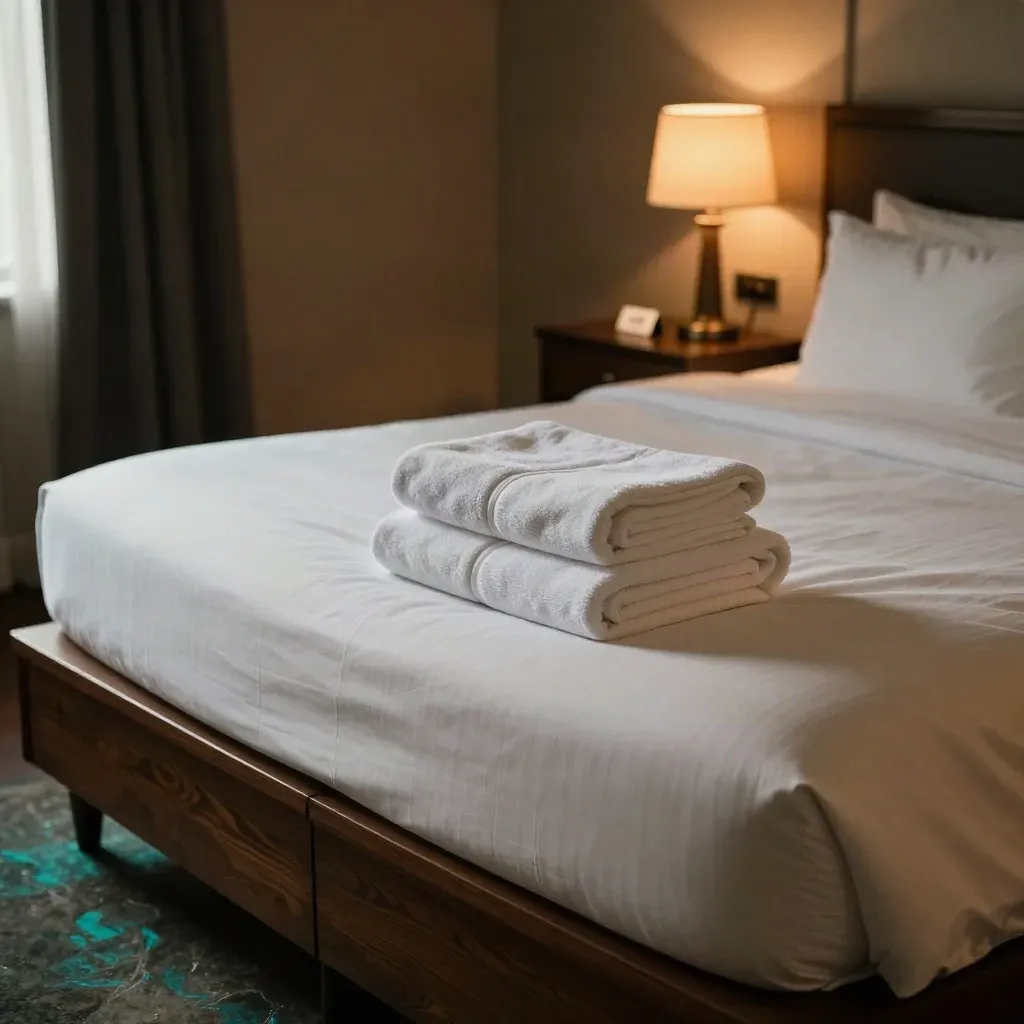 Turned-down hotel king bed with towels, bedside lamp, and key sleeve in moody warm light