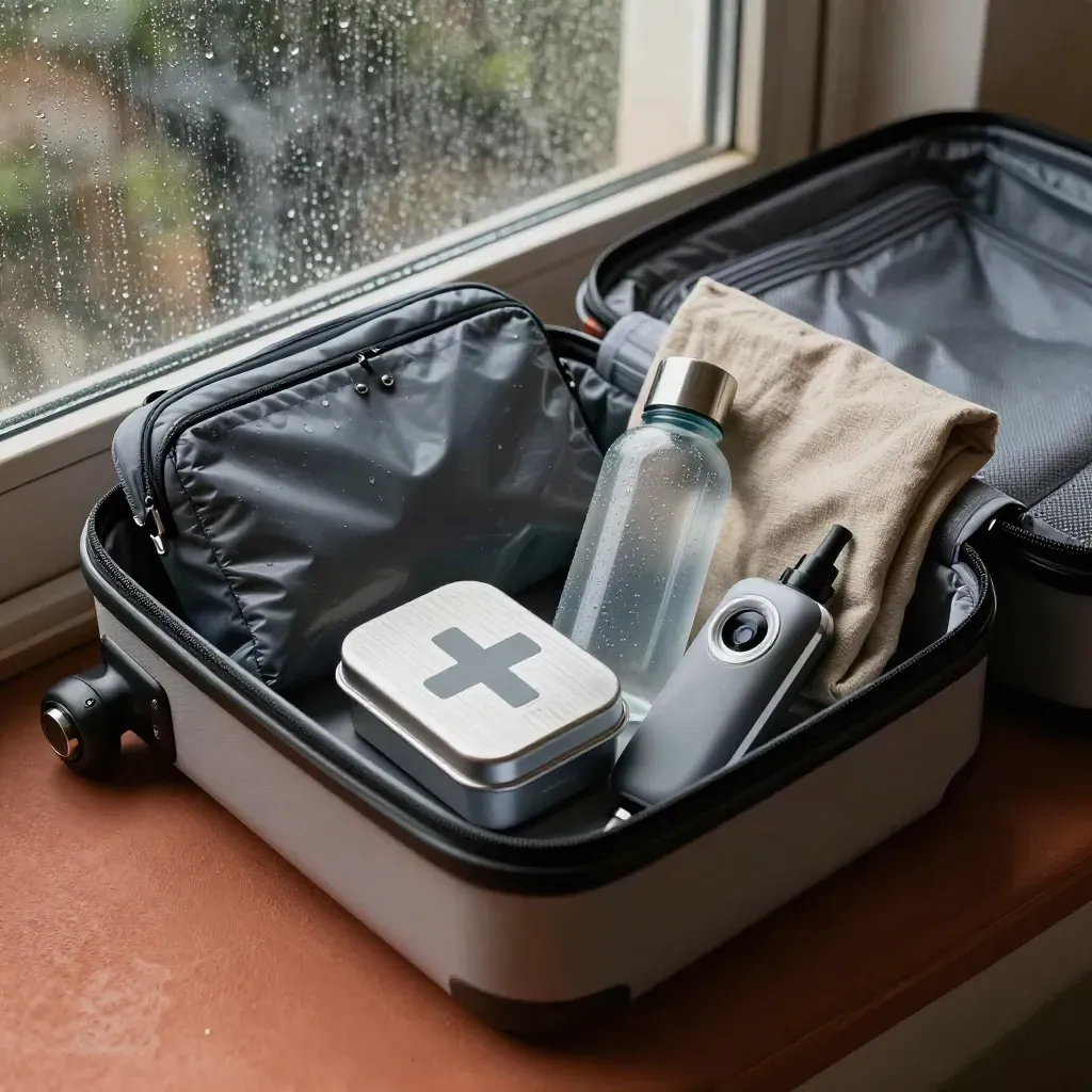 Carry-on pocket with travel insurance kit by a rainy window in warm cozy light.