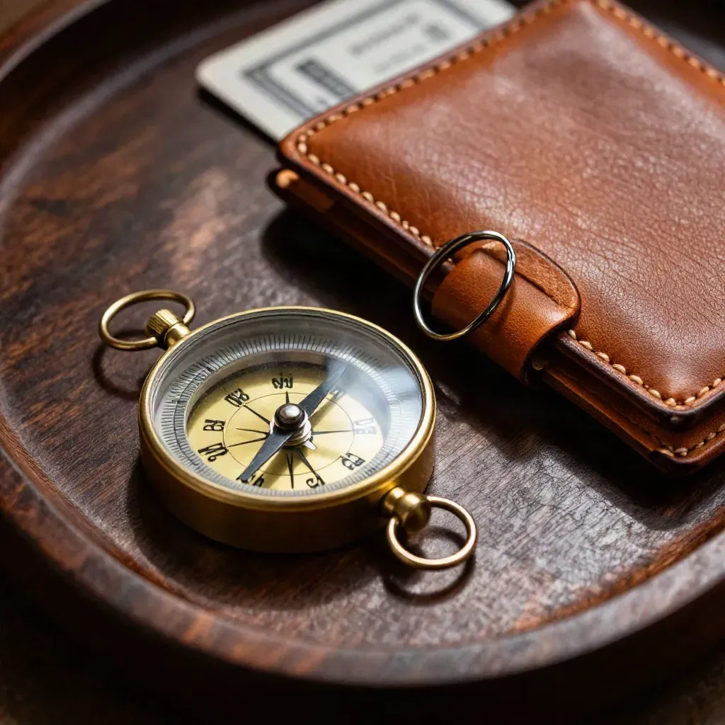 Brass compass, leather passport wallet and luggage-tag ring on dark walnut in macro light.