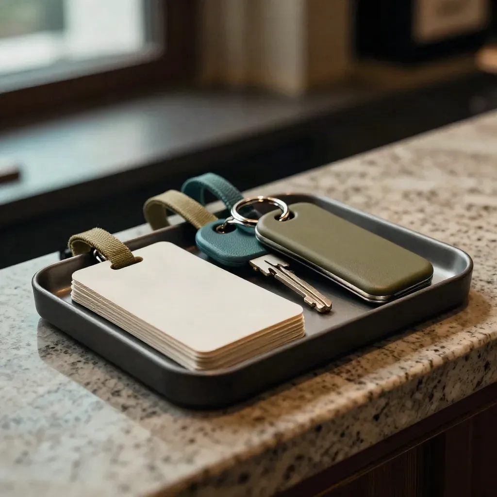Macro tray of room key cards, luggage-tag loops, and a slim key fob on travertine.