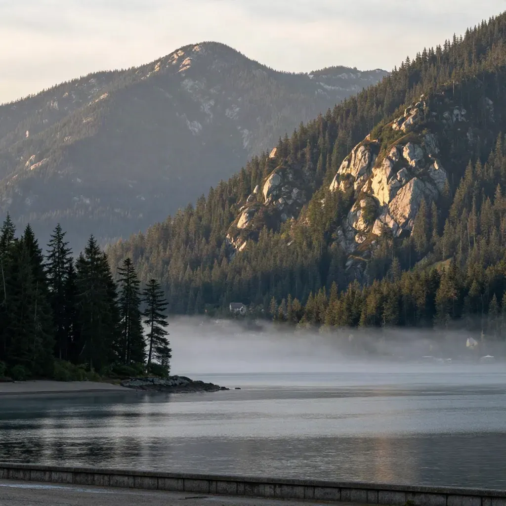 Mist lifting over Vancouver’s North Shore mountains and glassy inlet at dawn.